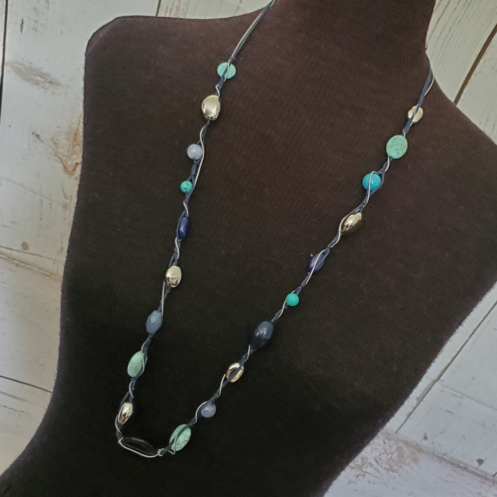 Lia Sophia silvertone blue cord blue bead necklace